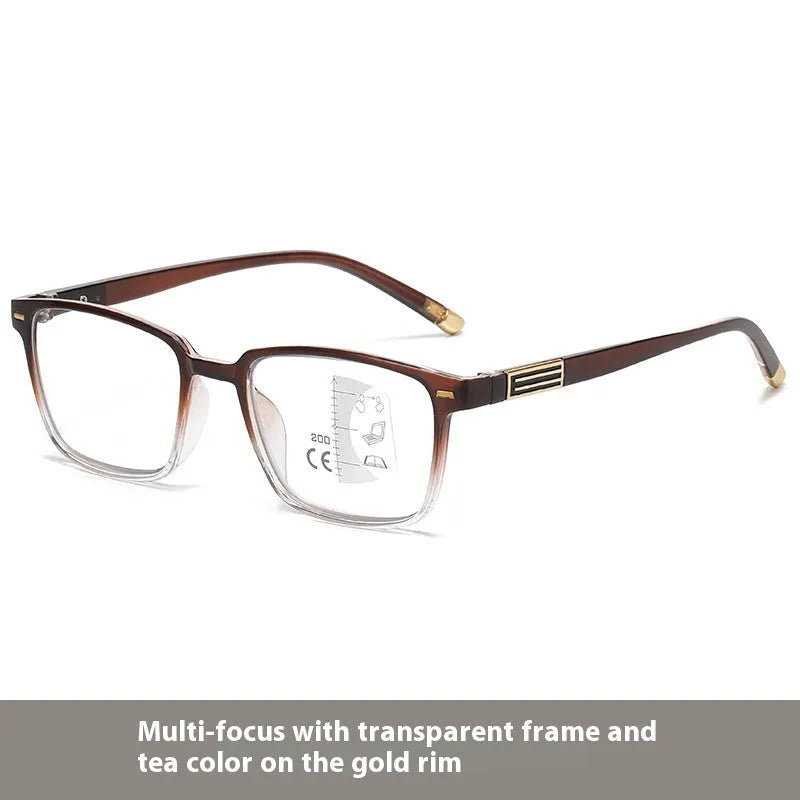 Multifocal blue light reading glasses with photochromic lenses in a black and silver frame style.