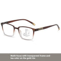 Multifocal blue light reading glasses with photochromic lenses in a black and silver frame style.