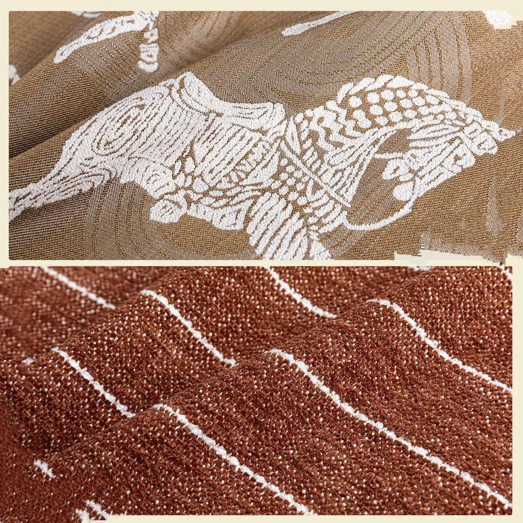 Chinese ancient style square pillow cushion in Maillard colours on a sofa.