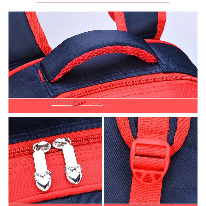 Blue children's anime cartoon backpack with double shoulder straps showing school books inside