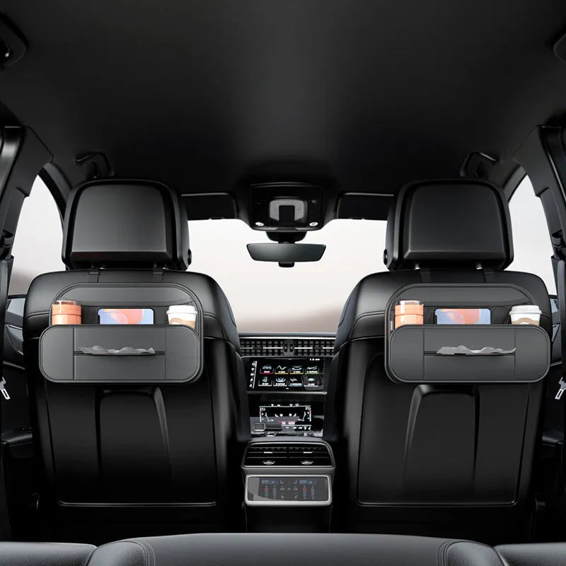 Black leather car seat back storage bag showing dimensions and customisable compartments