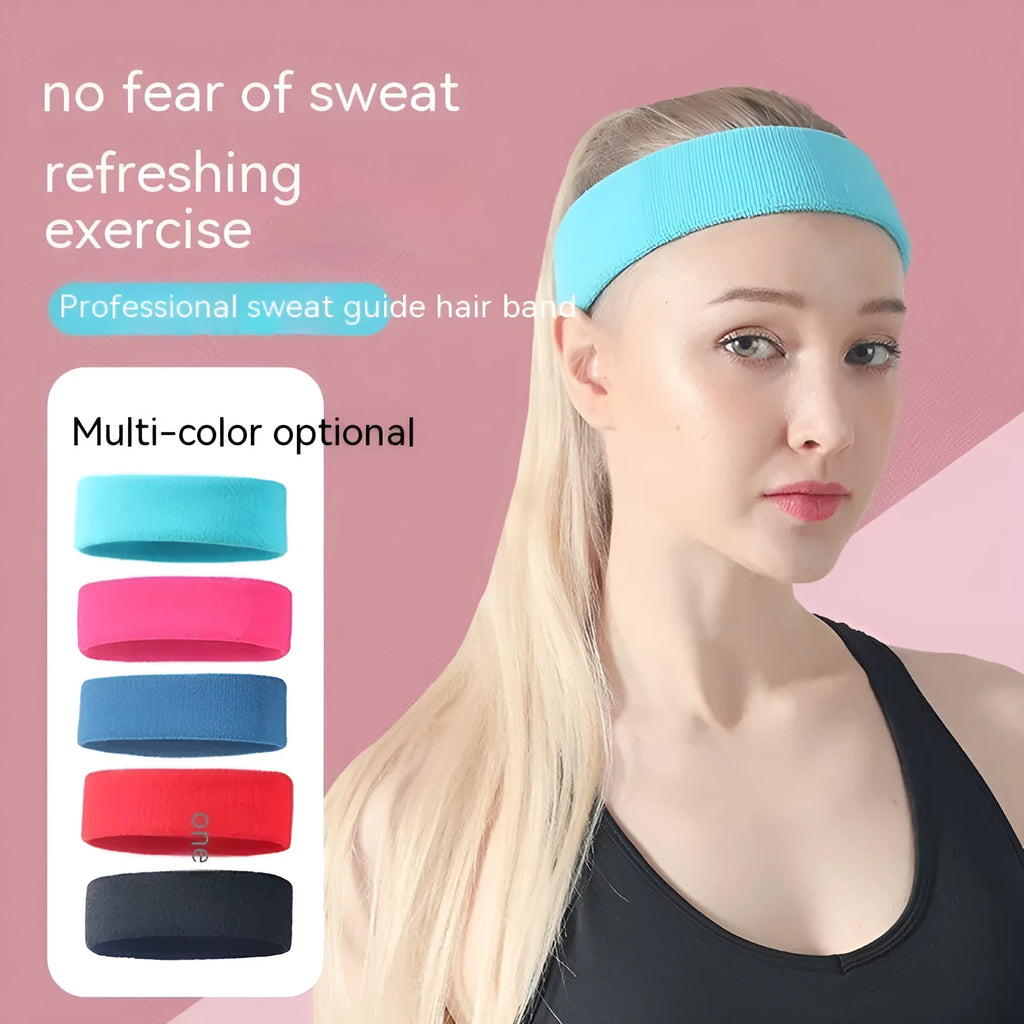 Elastic anti-sweat sports headband in solid colours: black, red, blue, rose red, and sky blue.