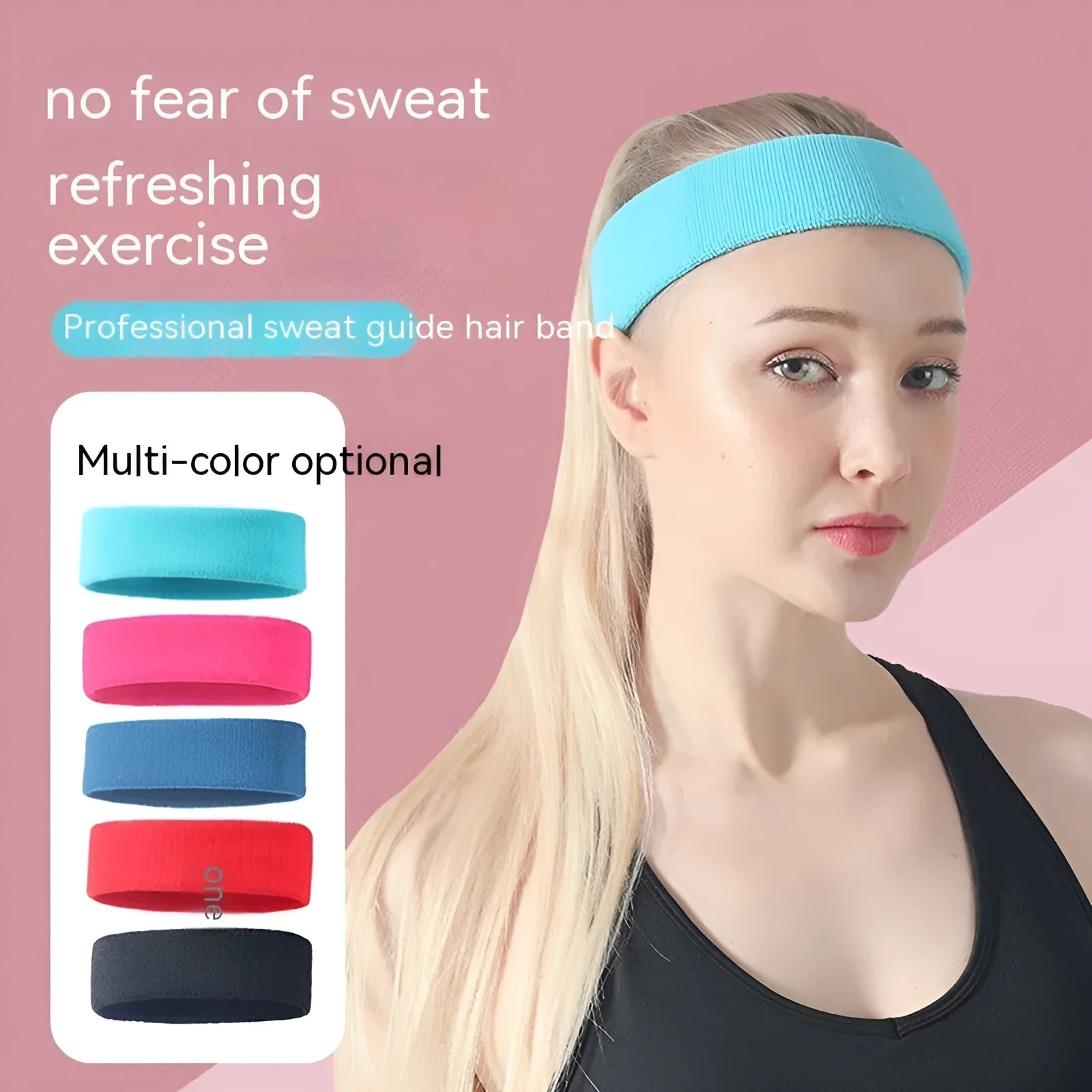 Elastic anti-sweat sports headband in solid colours: black, red, blue, rose red, and sky blue.