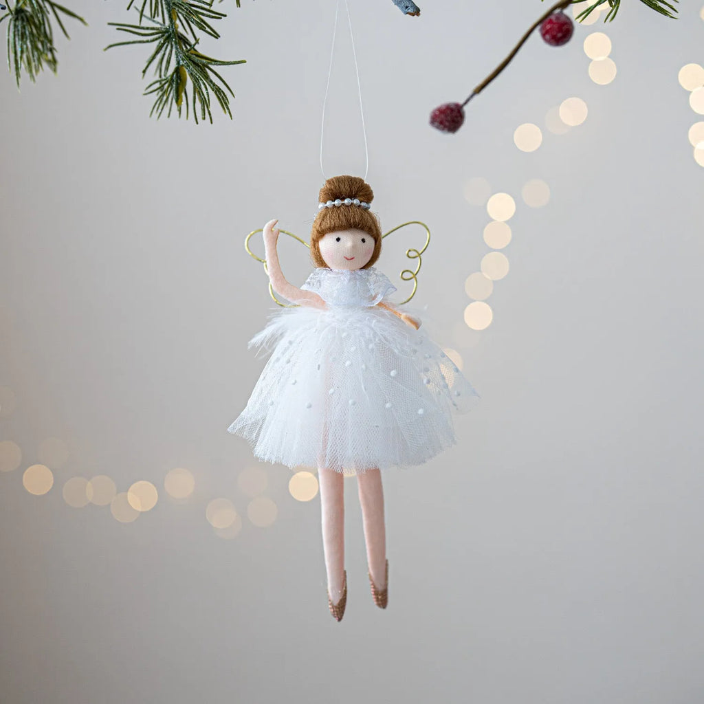 Pink cloth ballet girl plush doll with angel wings and pendant design on white background