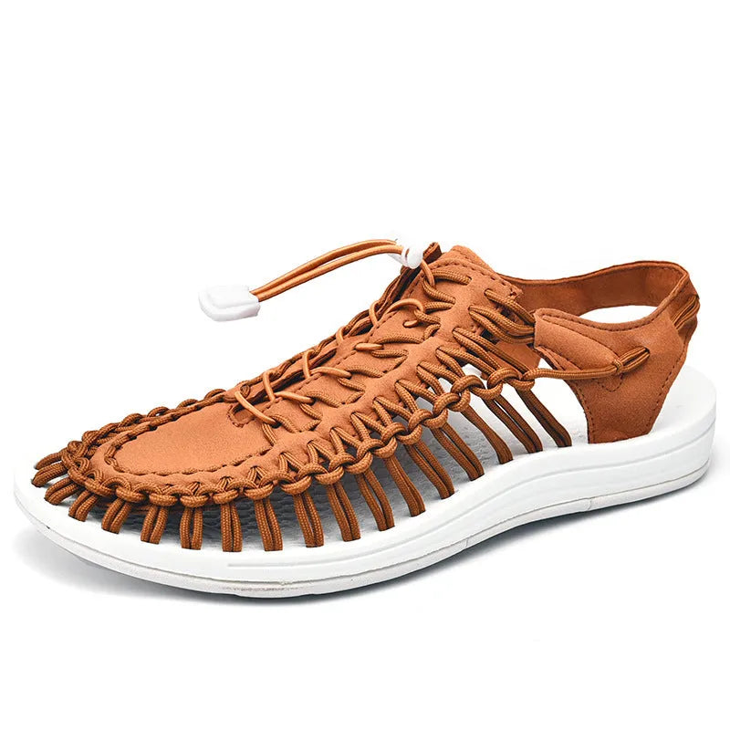 Woven sandals with elastic drawstring tie in rainbow colour with rubber sole