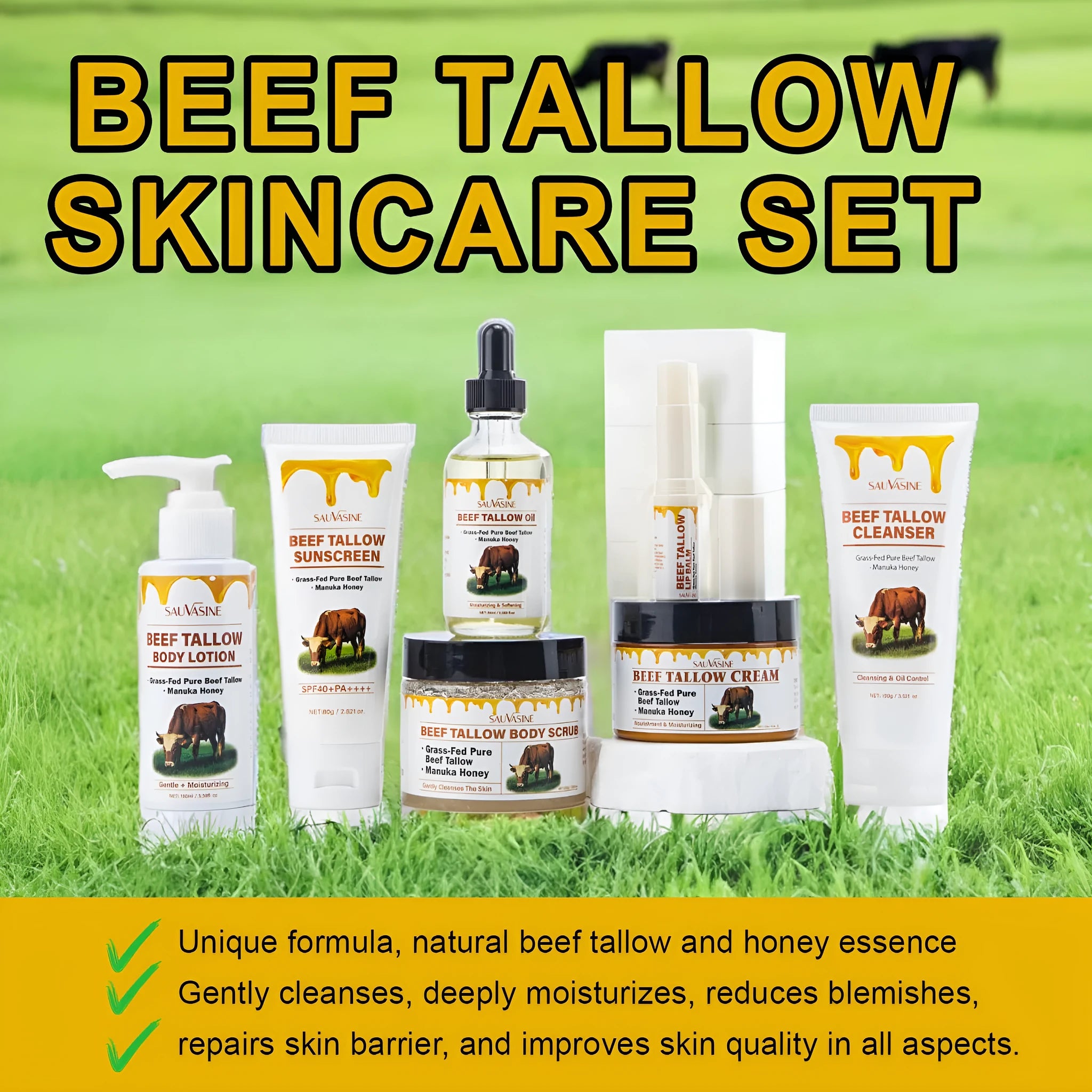 Seven-piece skincare set with bottles and tubes for facial cleanser, cream, body lotion, scrub, lipstick, and protective cream.