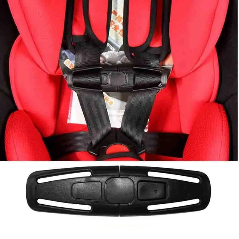 Black nylon seat belt buckle clip for child car seats measuring 14.5 by 4 centimetres