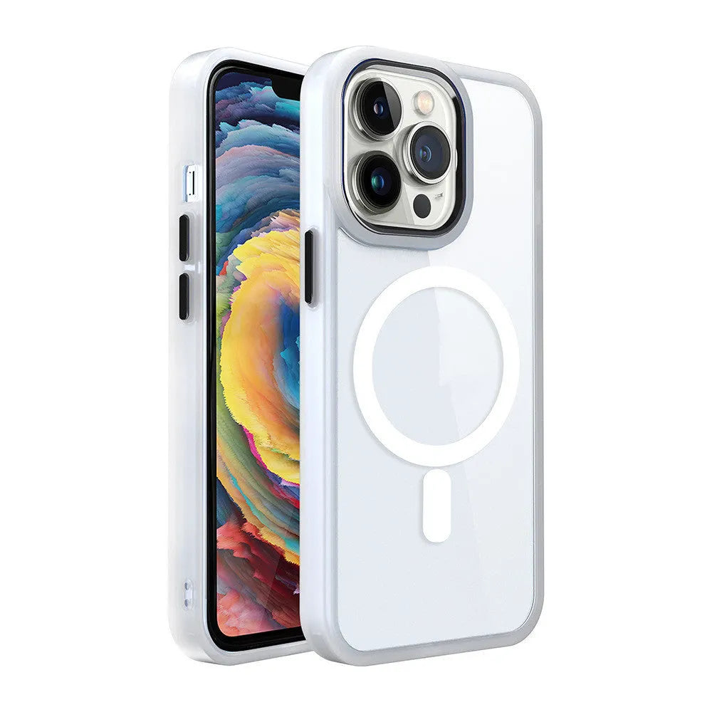 Transparent magnetic iPhone case showing MagSafe compatibility with solid silicone colour options