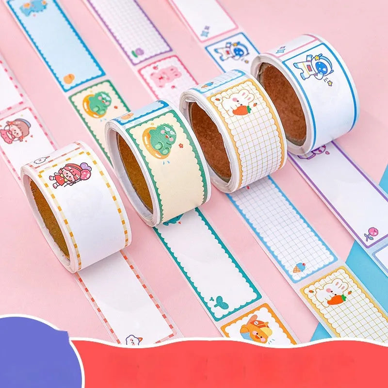 Cartoon tape name stickers in dinosaur, astronaut, rabbit and girl designs with 60 stickers per roll