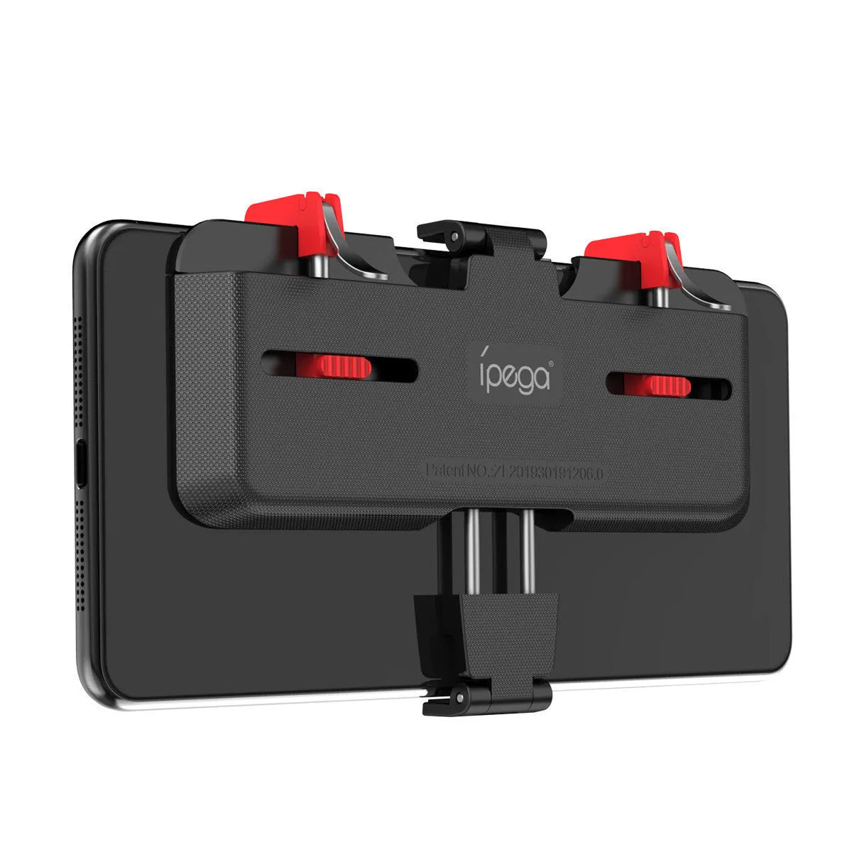 Black mobile phone gaming bracket with a metal trigger and telescopic fixing clip for phones.