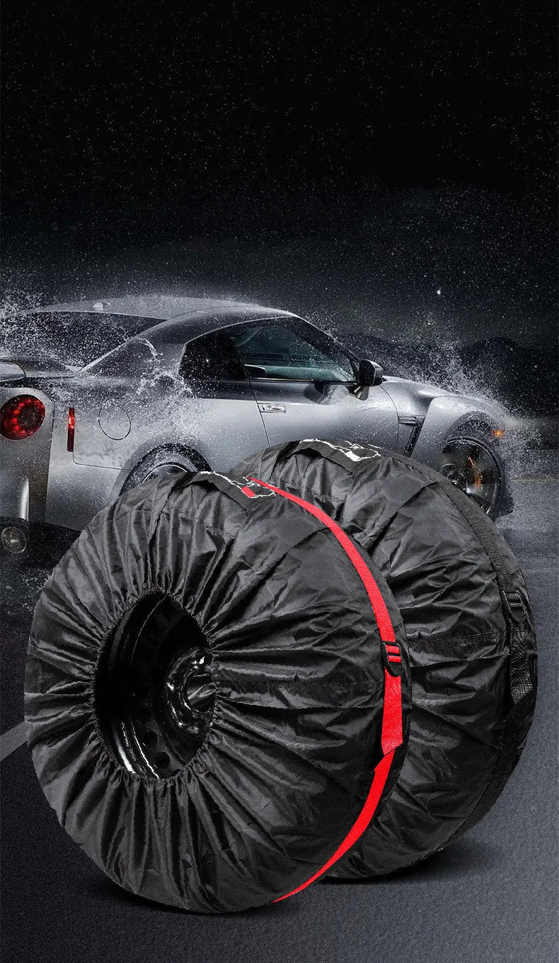 Oxford cloth 210D car tyre protective cover set of 4 in black belt style on a parked car