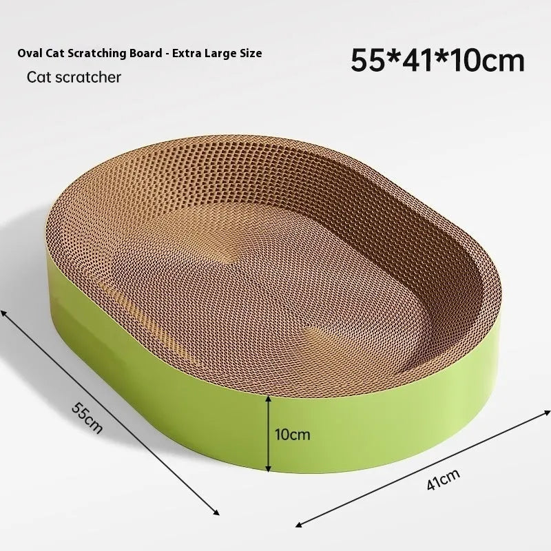 Green oval corrugated paper cat scratch board and nest bed, 55 cm in diameter.