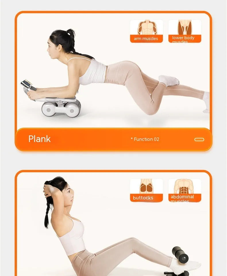 White household fitness roller with LED screen for belly contracting and rolling exercises.