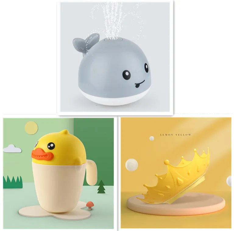 Whale-shaped baby bath toy with automatic water spray and colourful lights floating in water.