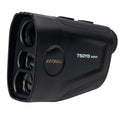 Golf laser rangefinder with LCD display showing distance measurement and slope compensation indicator