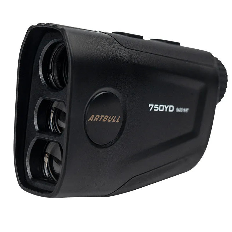 Golf laser rangefinder with LCD display showing distance measurement and slope compensation indicator