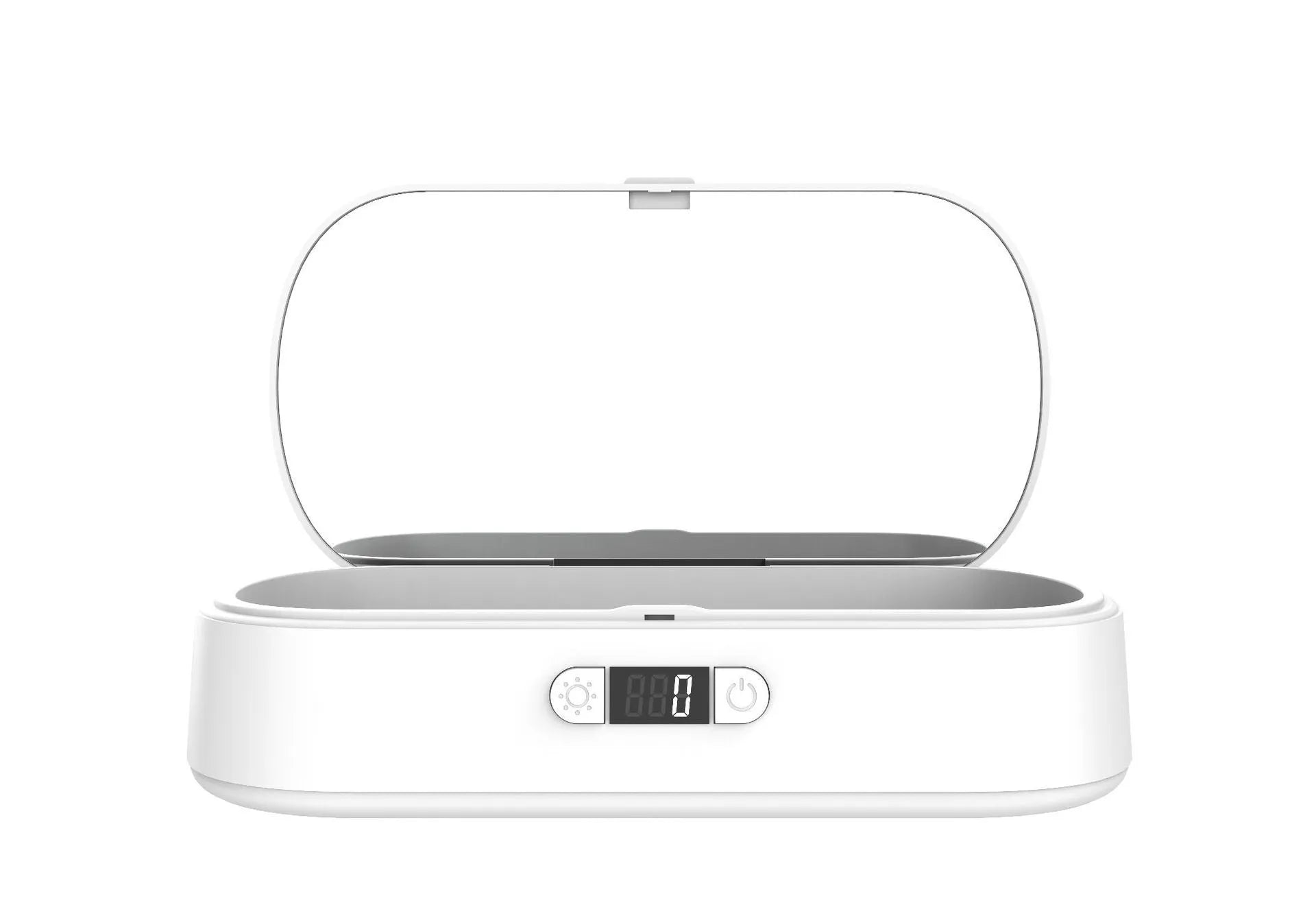 White ABS plastic UV steriliser and wireless charging box for phones and small items.