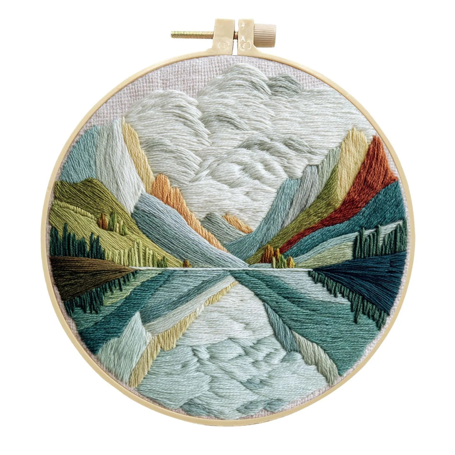 Embroidery DIY kit with landscape-printed cotton fabric, thread, needles, and a 15cm bamboo-style frame.