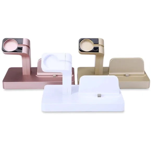 White 2-in-1 charging dock holding an iPhone and Apple Watch with anti-slip silicone pads
