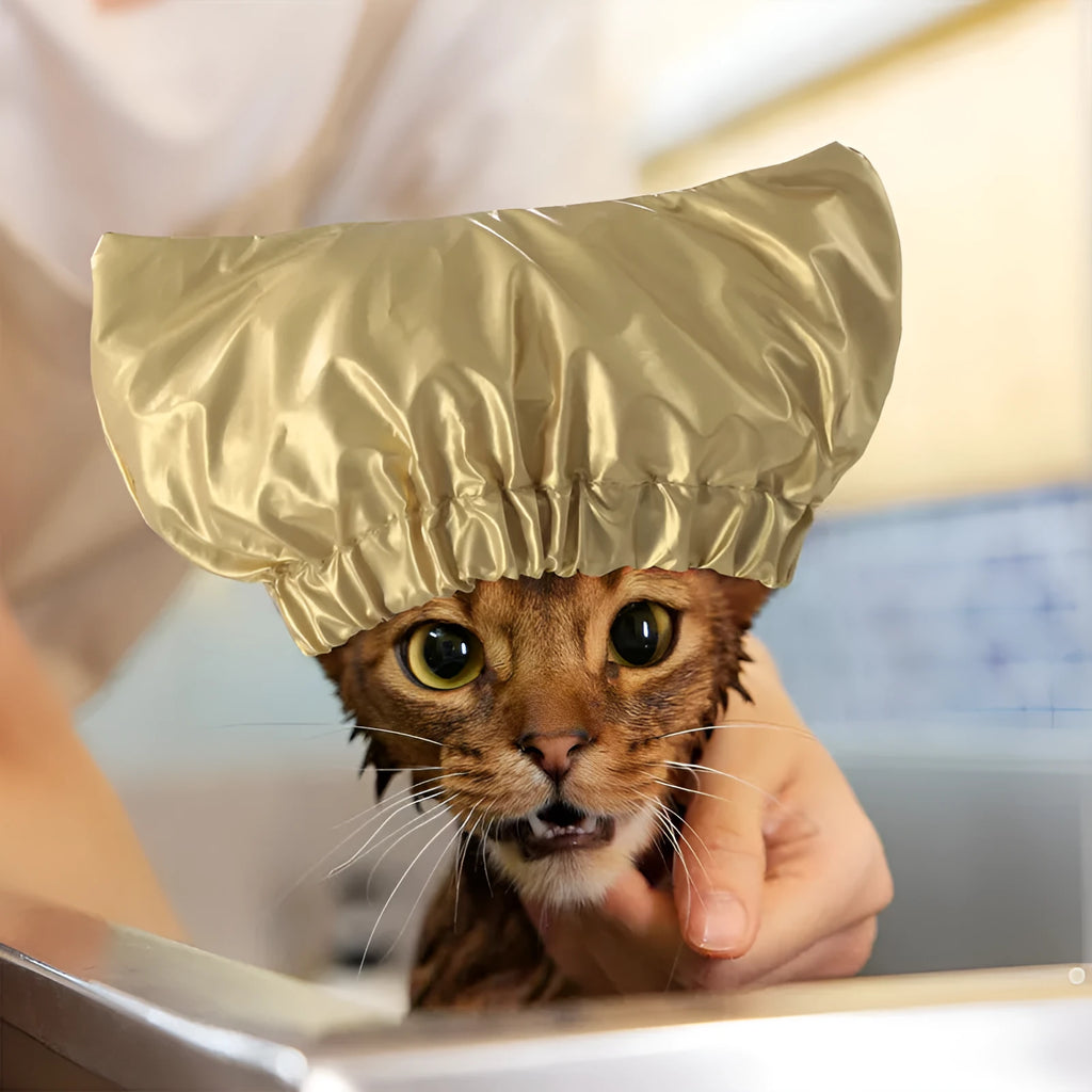 Adjustable pet shower cap in silver colour with ear-proof waterproof design for cats and dogs