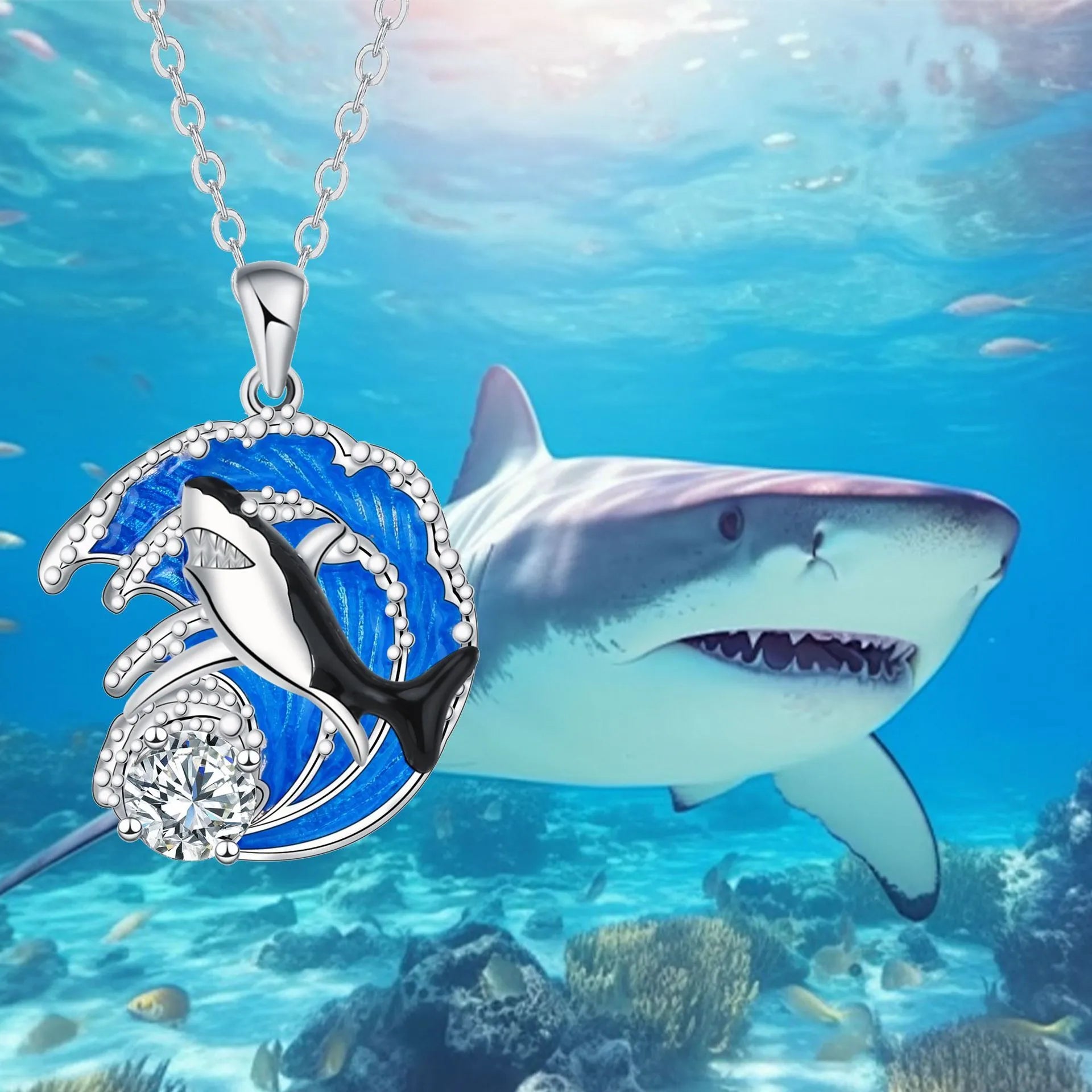 Shark women's necklace with copper animal pendant and cross chain, electroplated finish, 41-50cm length