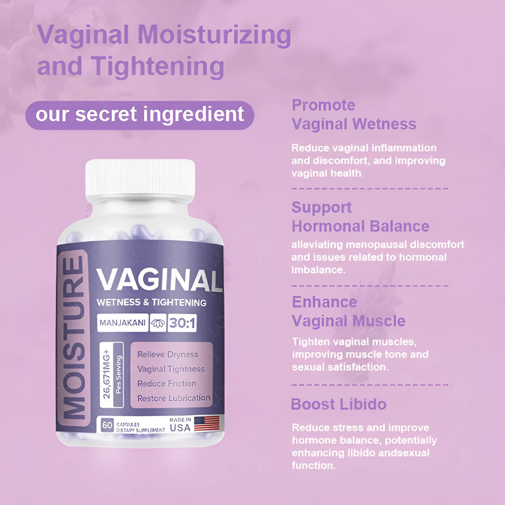 Bottle of 60 vaginal health capsules with plant extraction formula for adult women