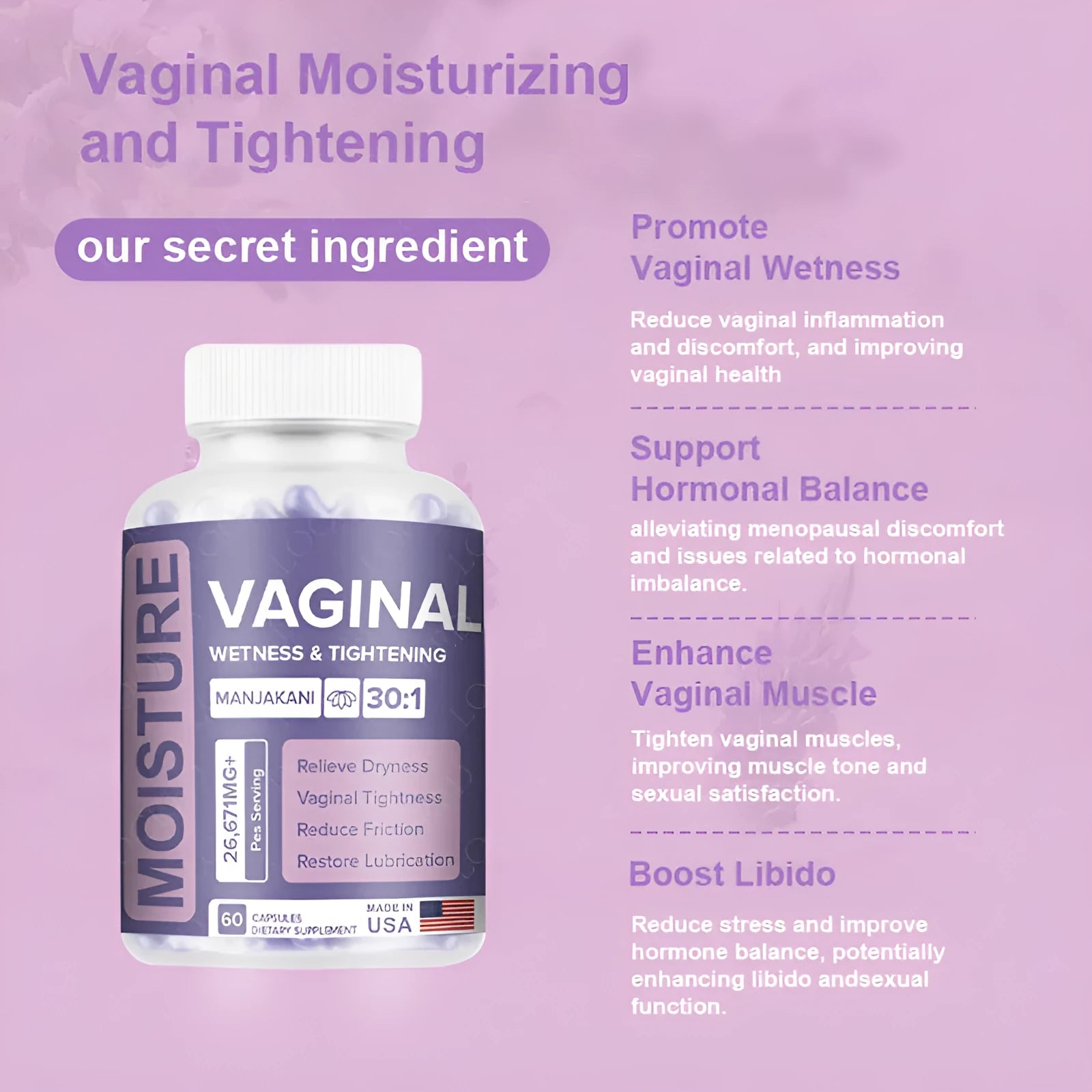 Bottle of 60 vaginal health capsules with plant extraction formula for adult women