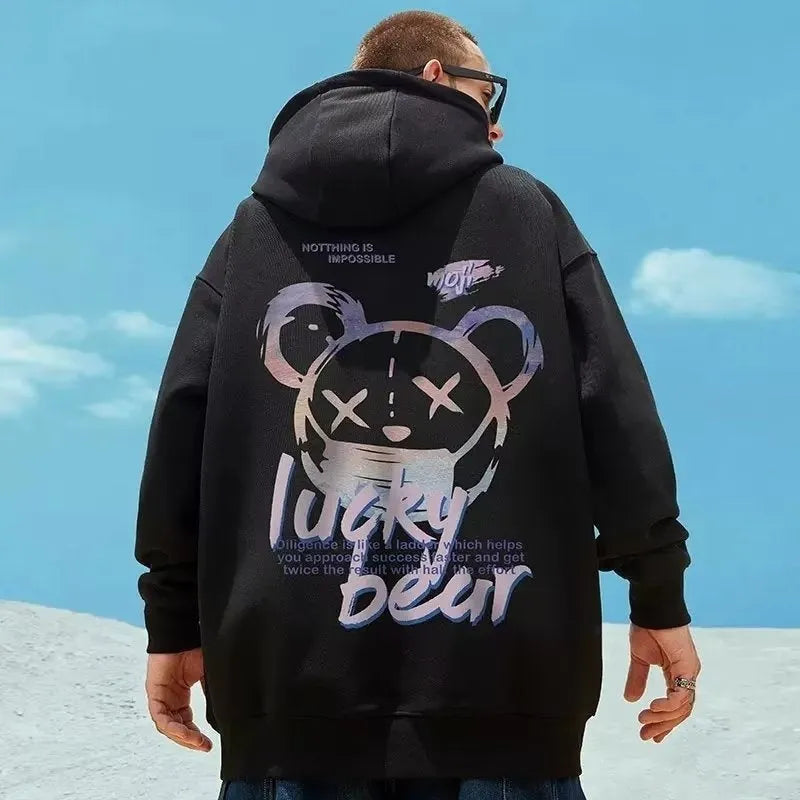 Men's plus size pullover hooded sweatshirt in black with wool lining and front pocket