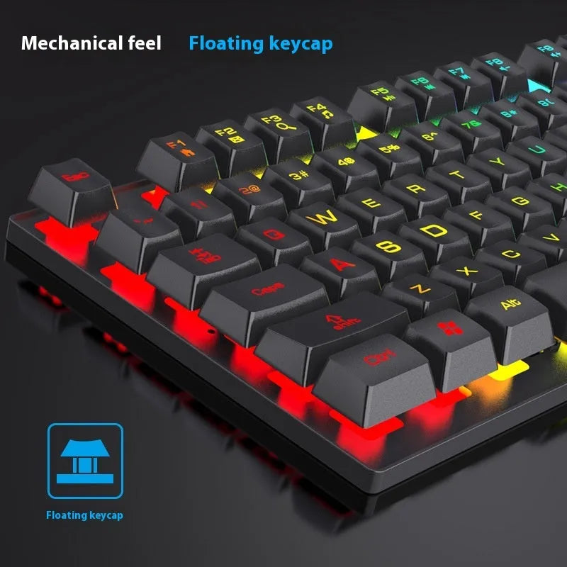 Black portable gaming keyboard with 104 keys and backlight alongside matching mouse