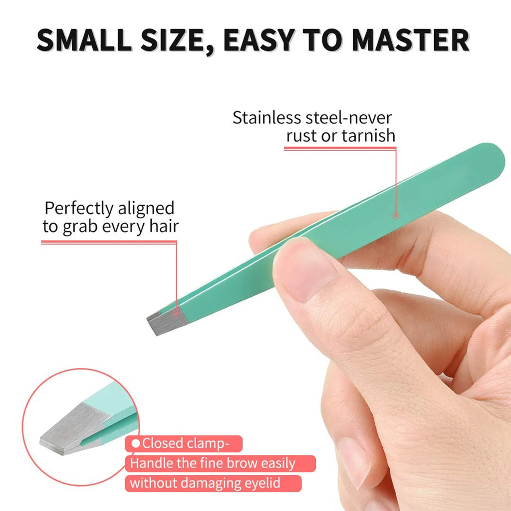 Professional 6-piece stainless steel eyebrow tweezers set with curved scissors and leather case