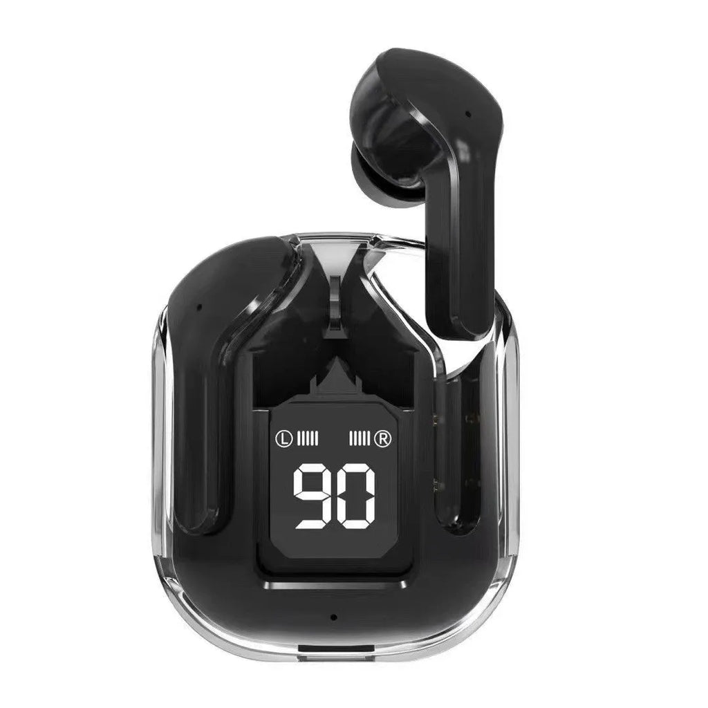 Transparent space capsule case containing true wireless Bluetooth headphones with a digital display screen.