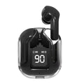 Transparent space capsule case containing true wireless Bluetooth headphones with a digital display screen.
