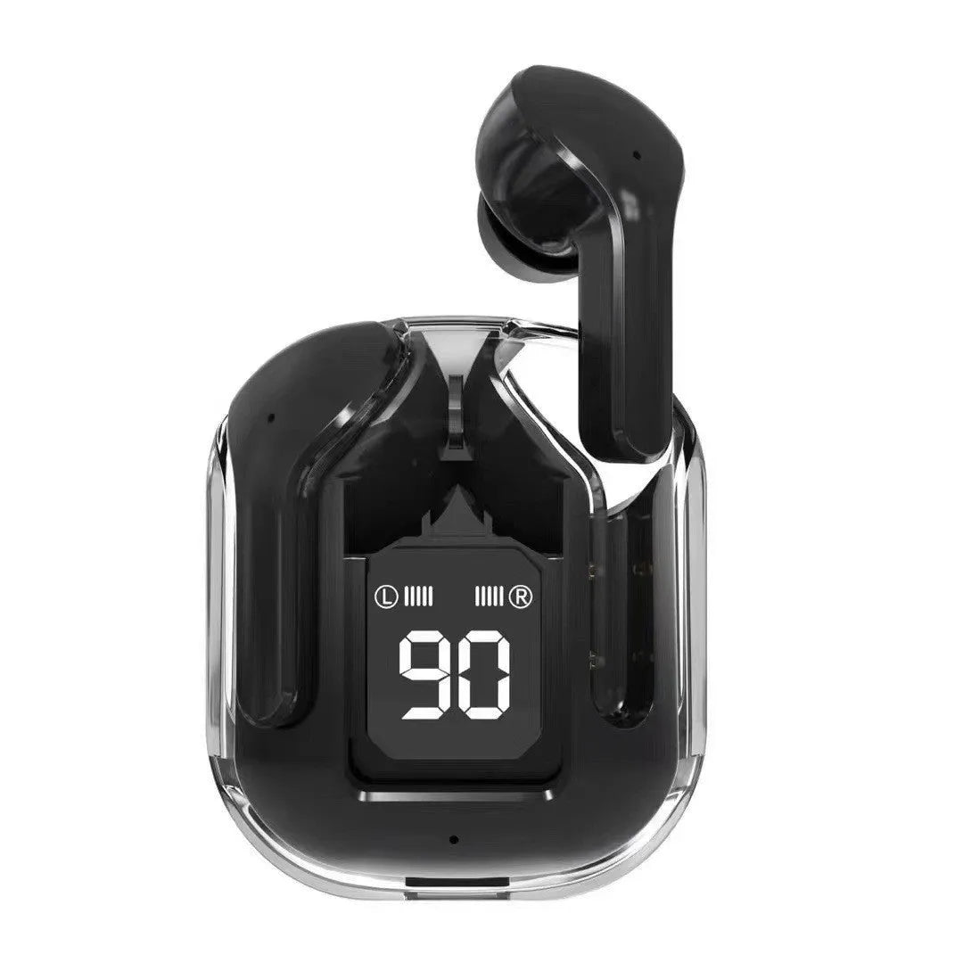 Transparent space capsule case containing true wireless Bluetooth headphones with a digital display screen.