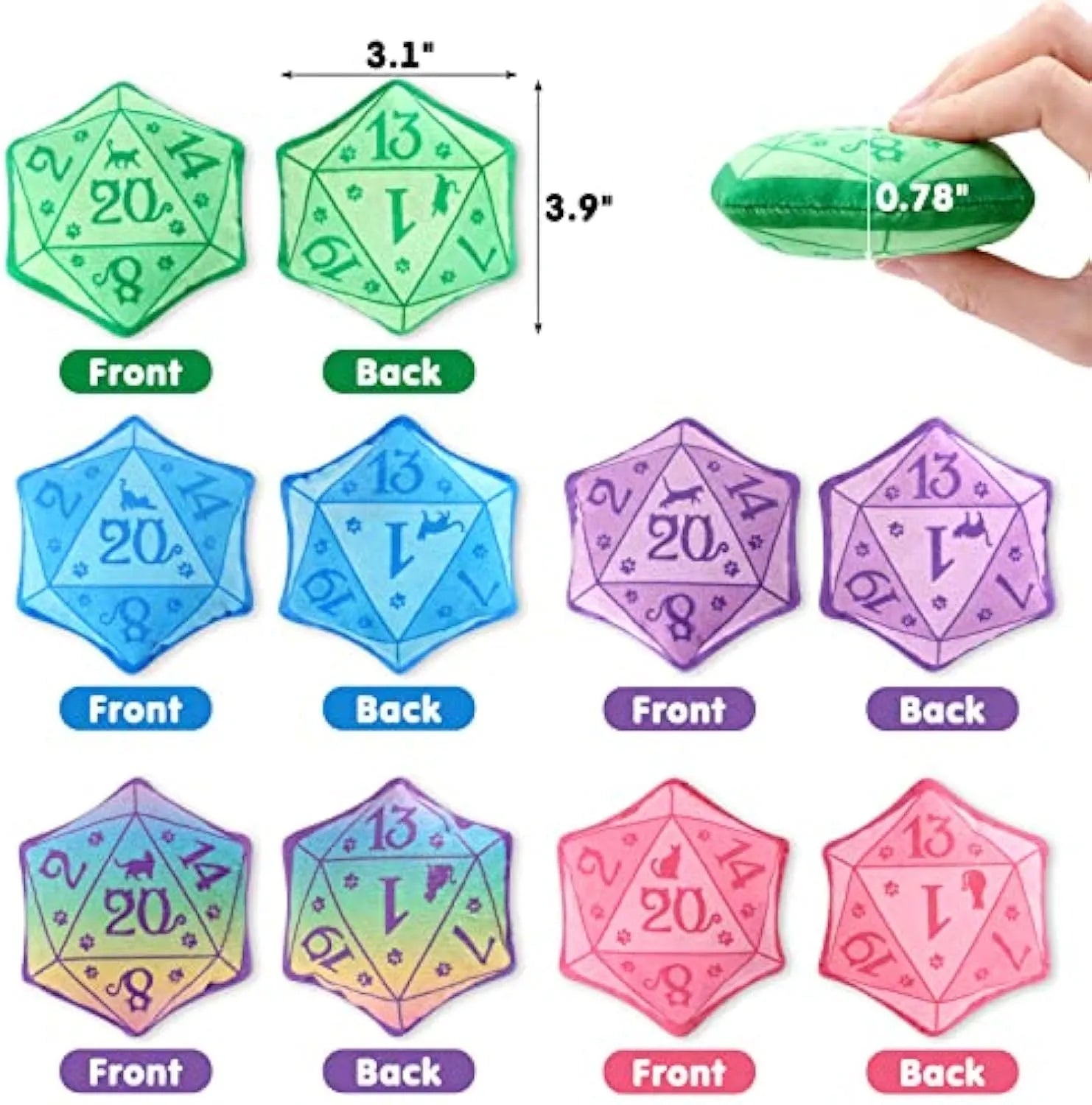 Soft plush DND dice cat toy with organic catnip filling in multiple colour options