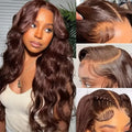 Dark brown long curly front lace wig with side bangs displayed at various lengths