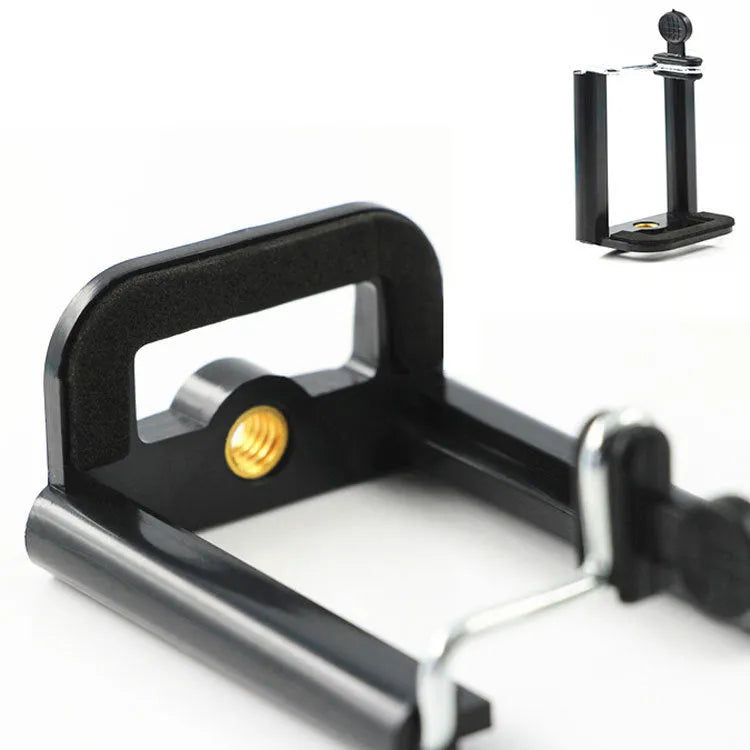 Black plastic U-shaped clip holder for mounting a mobile phone on a pipe or rail.