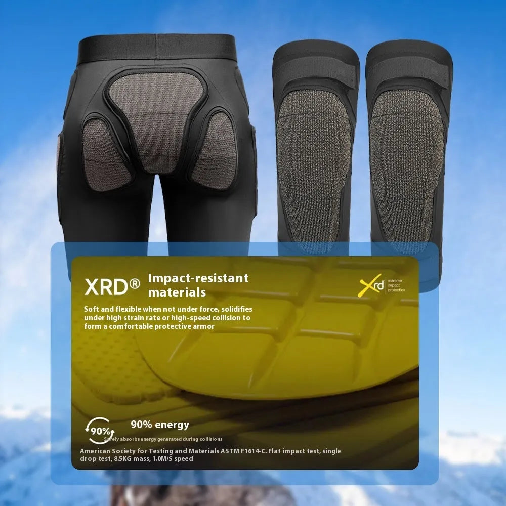 X-ray diffraction ski protective gear set showing slim hip pad and multi-layer knee pad for inner wear.
