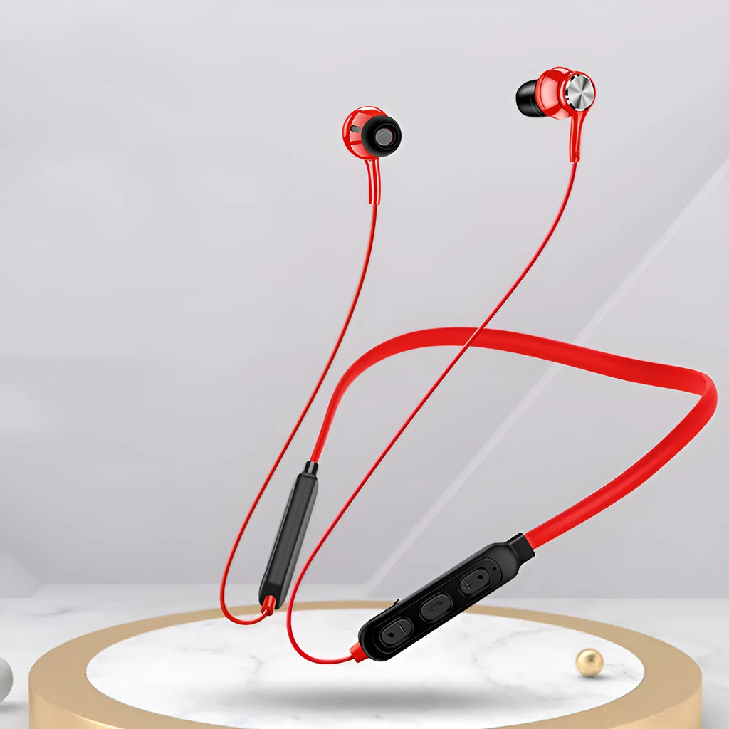 Neckband sports Bluetooth earphones in black, red and white colours with neck-hanging design