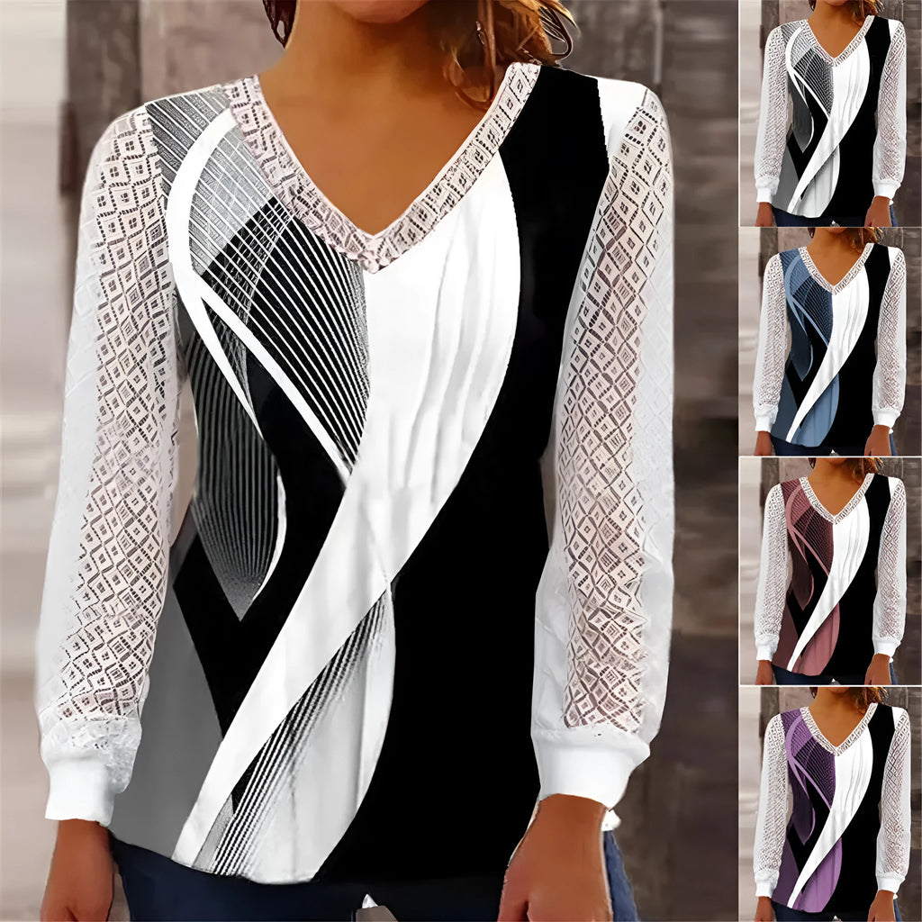 Loose V-neck women's top with hollow-out lace print design in polyester fabric