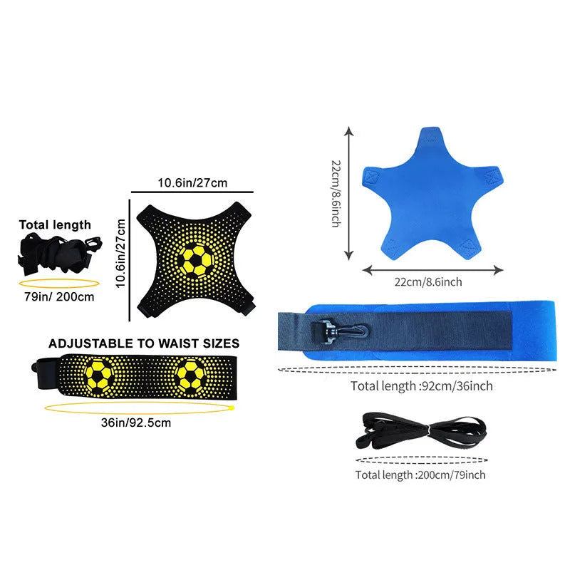 Neoprene football juggling training belt showing five-corner geometric design in blue colour