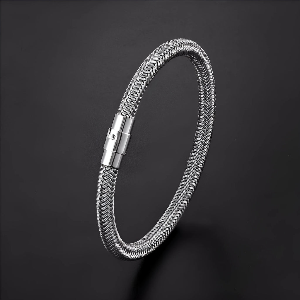 Men's geometric titanium steel bracelet with a magnetic clasp shown in silver tone.