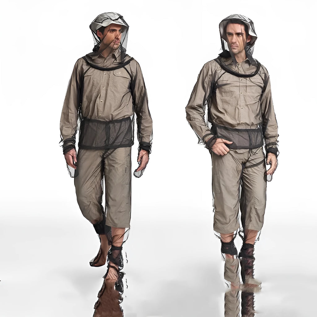 Four-piece anti-mosquito suit set showing hooded top, pants and booties in breathable mesh fabric