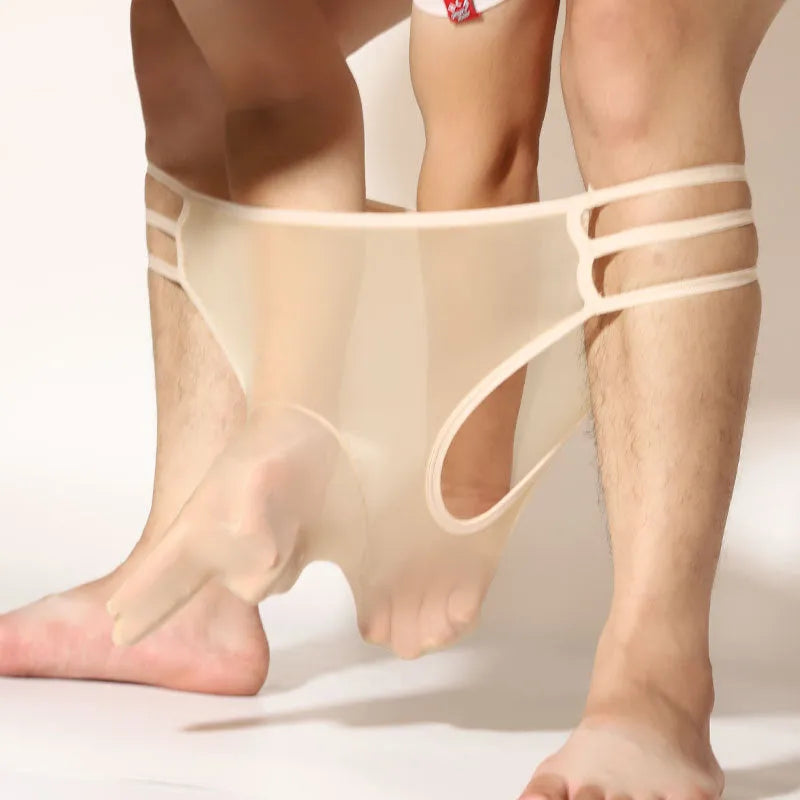Men's fully transparent elephant nose shorts in a solid colour on a mid waist, showing the nylon fabric and design.