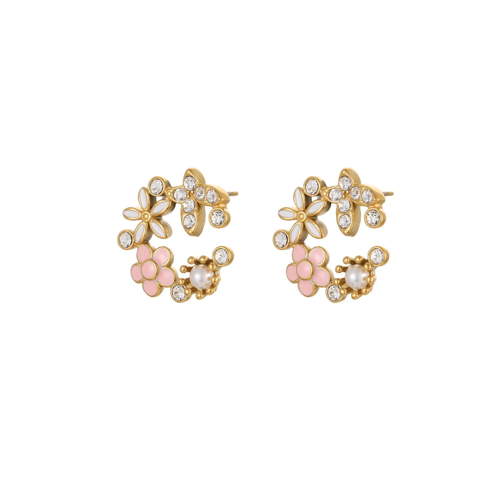 A pair of flower-shaped petal stud earrings with colourful oil finish and 18K electroplating on stainless steel.