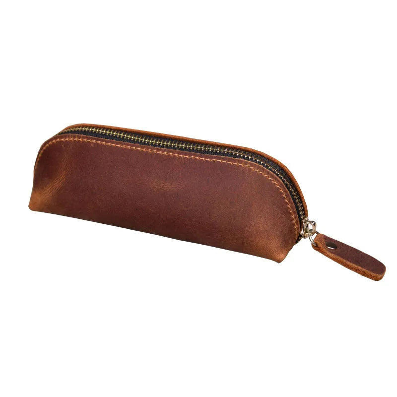 Square leather pencil case with zip closure in black colour showing 18cm dimensions
