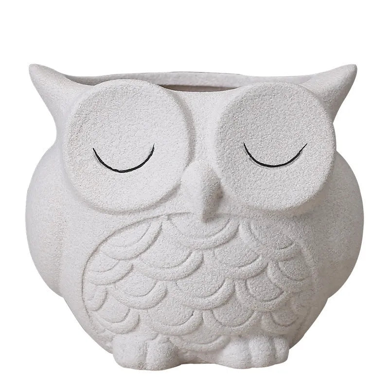 Handmade ceramic owl succulent pot with frosted finish in light pink colour