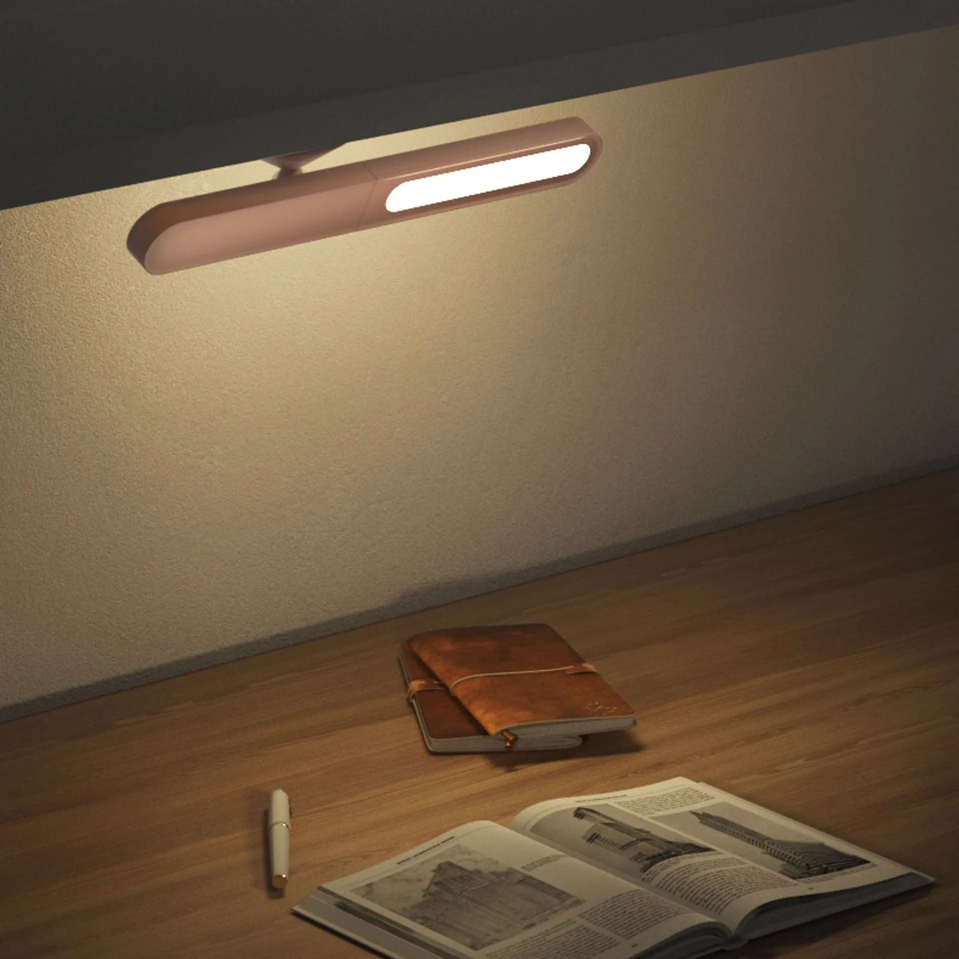 White geometric desk lamp with touch control and magnetic base on a wooden table.
