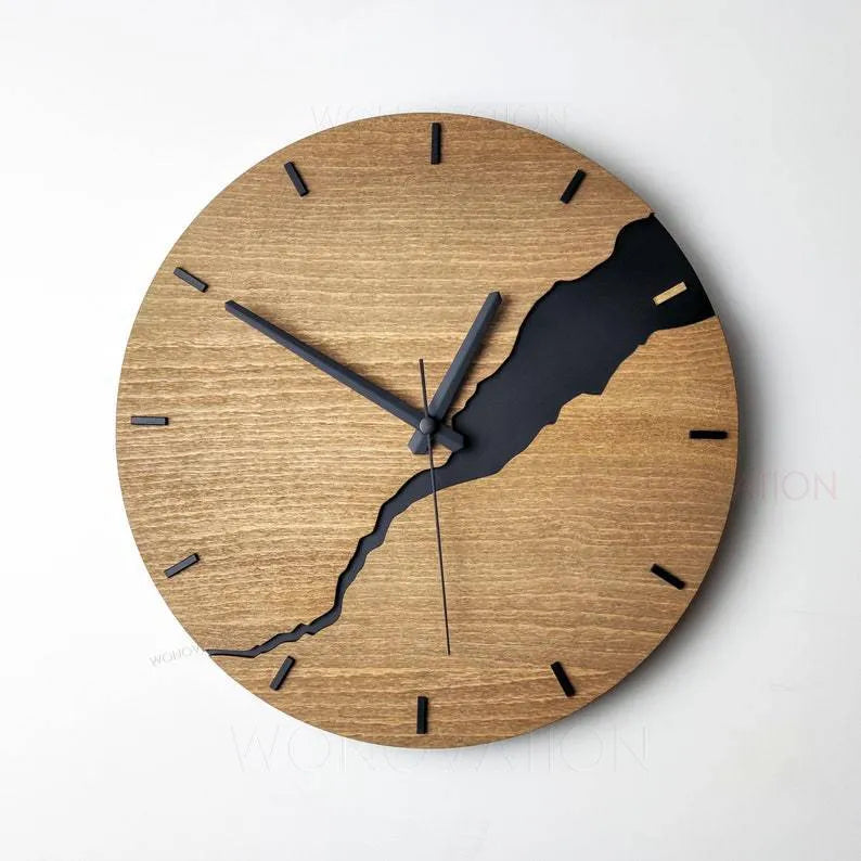 Modern wooden wall clock with cracked finish design showing five style variations