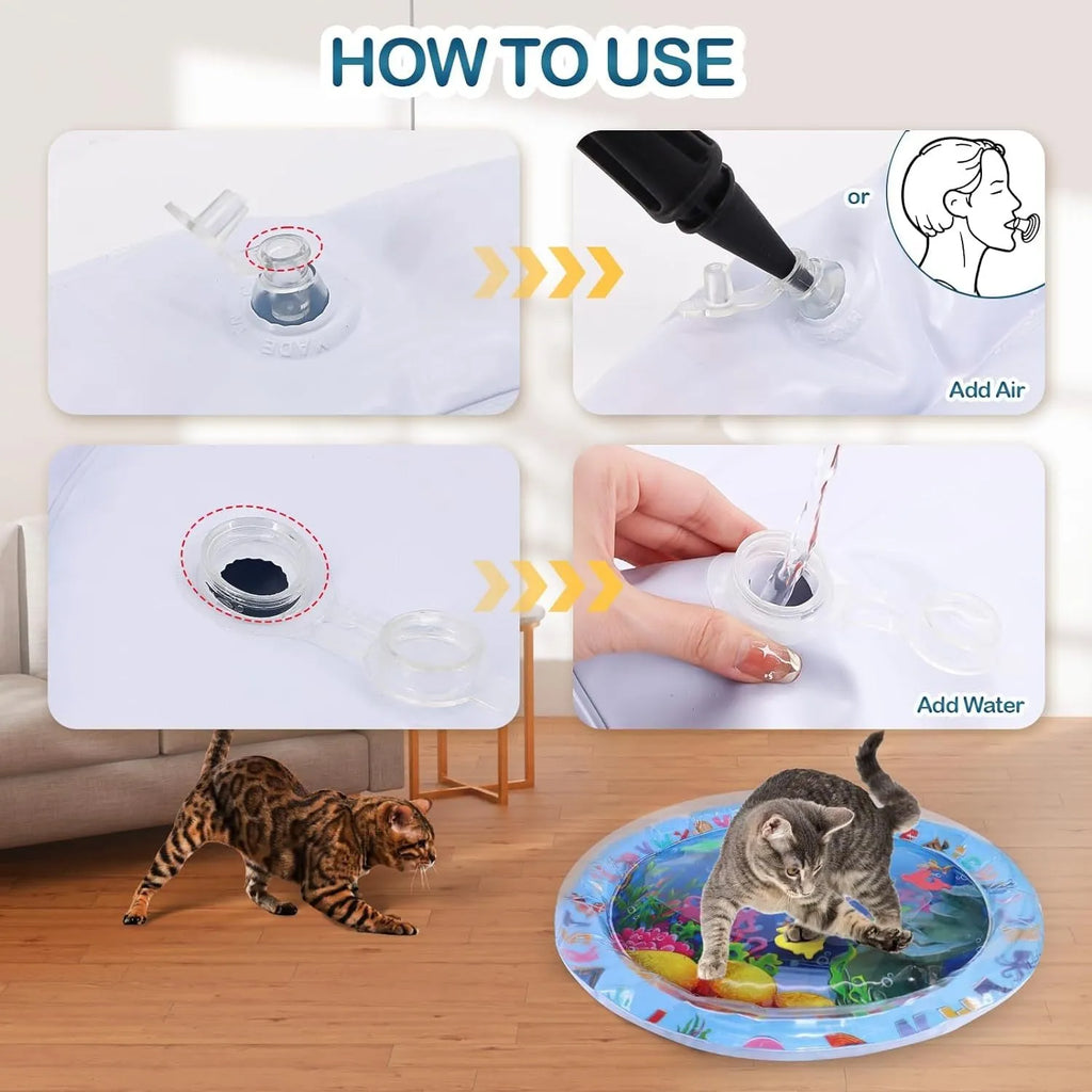 Thickened PVC water sensory playmat for cats and dogs with floating fish toys in ocean theme design