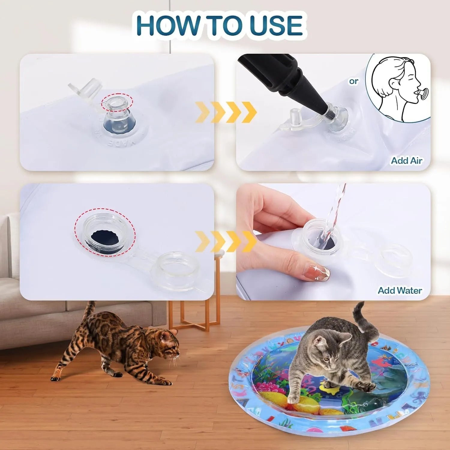 Thickened PVC water sensory playmat for cats and dogs with floating fish toys in ocean theme design